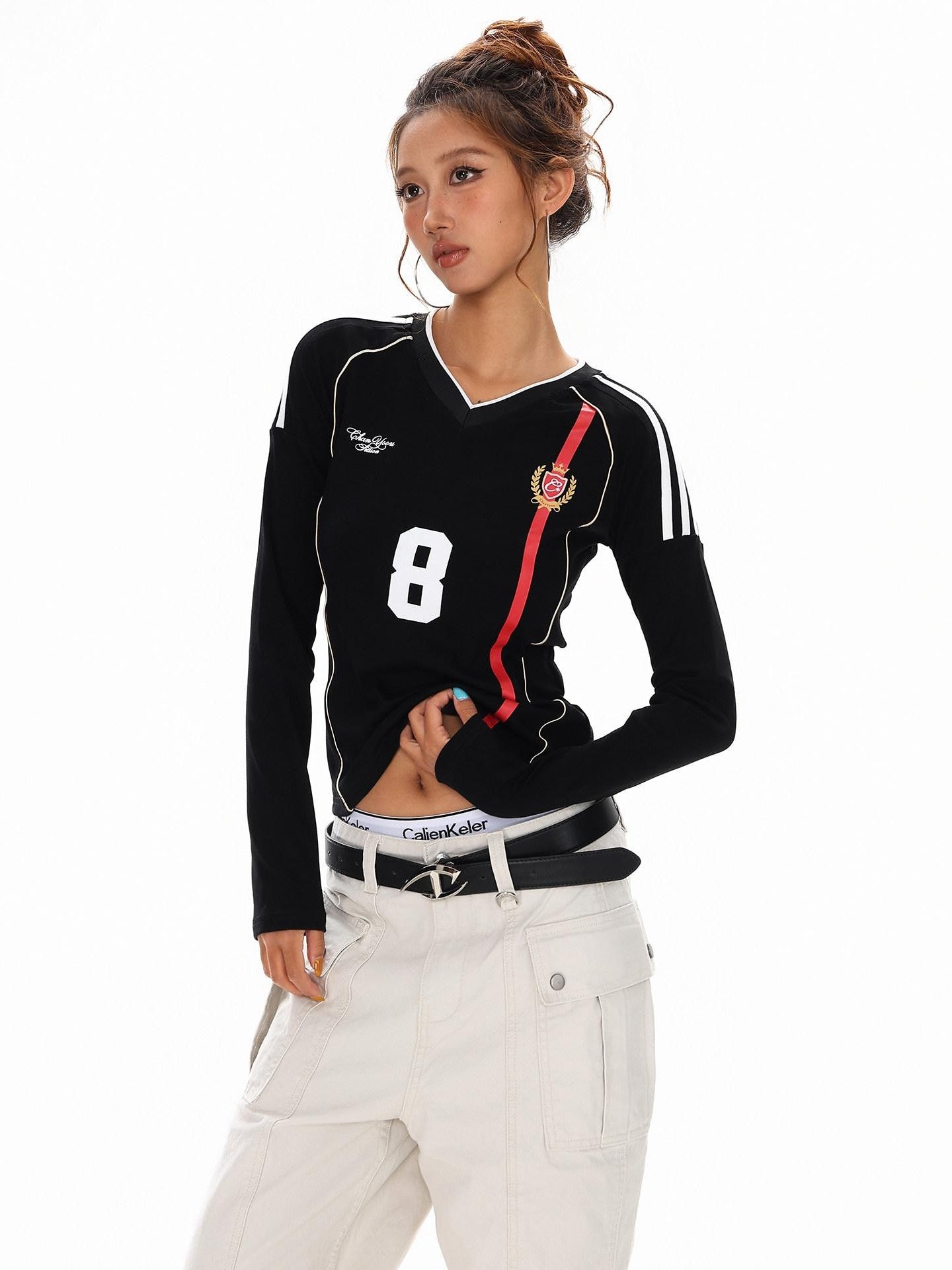 XPKAEAX American Vintage Printed V-neck Slim Fit Women's Jersey Long Sleeve T-shirts