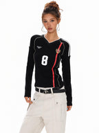 XPKAEAX American Vintage Printed V-neck Slim Fit Women's Jersey Long Sleeve T-shirts