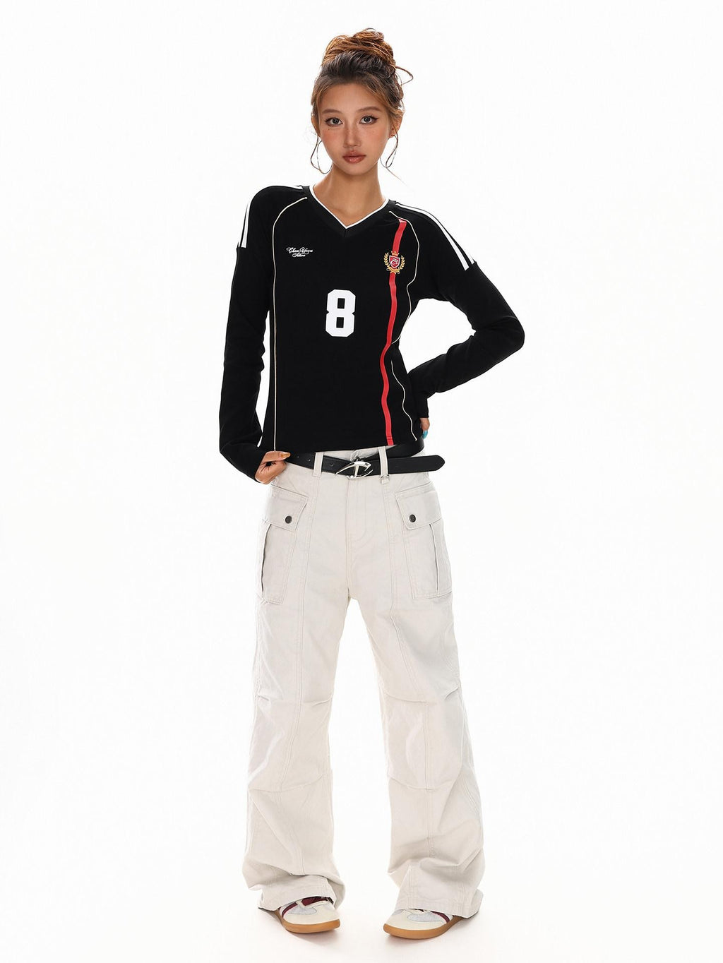 XPKAEAX American Vintage Printed V-neck Slim Fit Women's Jersey Long Sleeve T-shirts