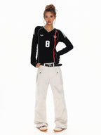 XPKAEAX American Vintage Printed V-neck Slim Fit Women's Jersey Long Sleeve T-shirts