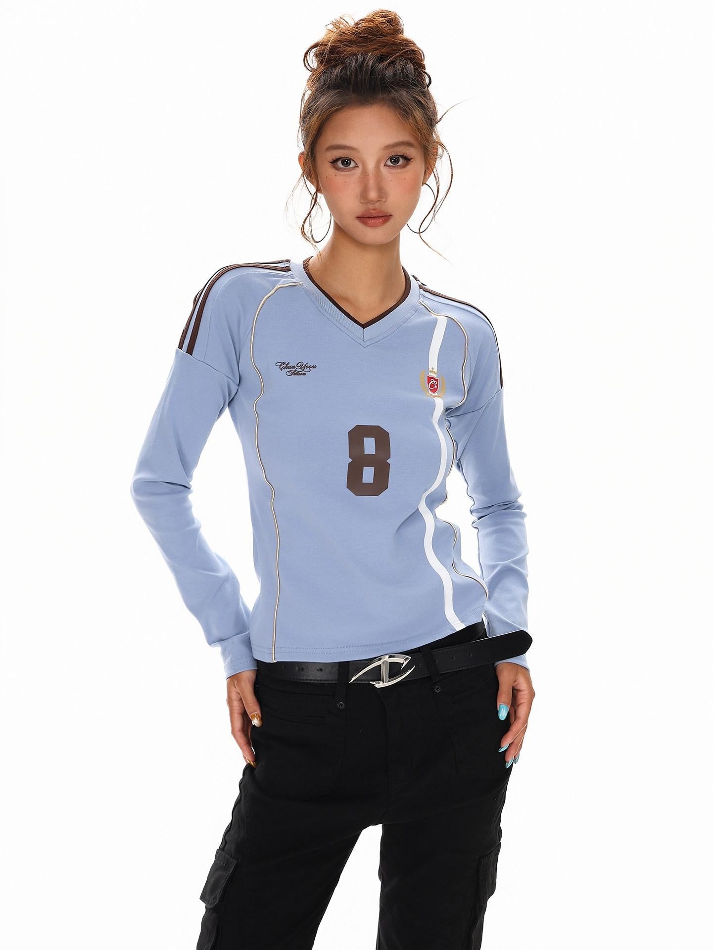 XPKAEAX American Vintage Printed V-neck Slim Fit Women's Jersey Long Sleeve T-shirts