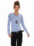 XPKAEAX American Vintage Printed V-neck Slim Fit Women's Jersey Long Sleeve T-shirts