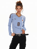 XPKAEAX American Vintage Printed V-neck Slim Fit Women's Jersey Long Sleeve T-shirts