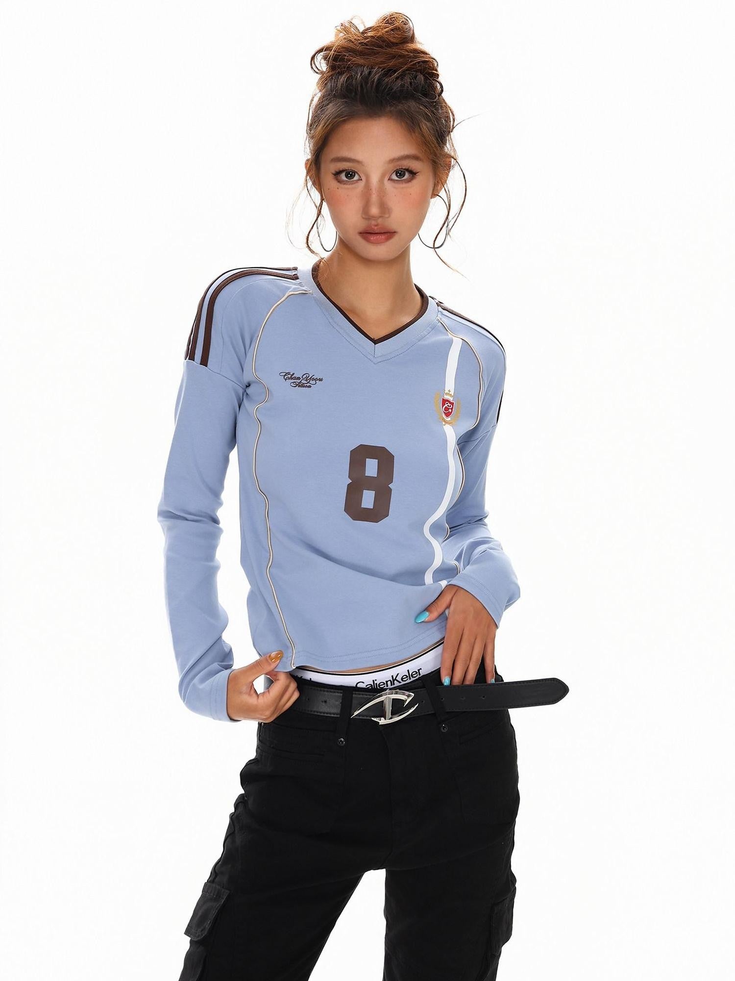 XPKAEAX American Vintage Printed V-neck Slim Fit Women's Jersey Long Sleeve T-shirts