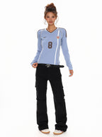 XPKAEAX American Vintage Printed V-neck Slim Fit Women's Jersey Long Sleeve T-shirts