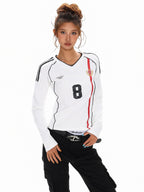 XPKAEAX American Vintage Printed V-neck Slim Fit Women's Jersey Long Sleeve T-shirts