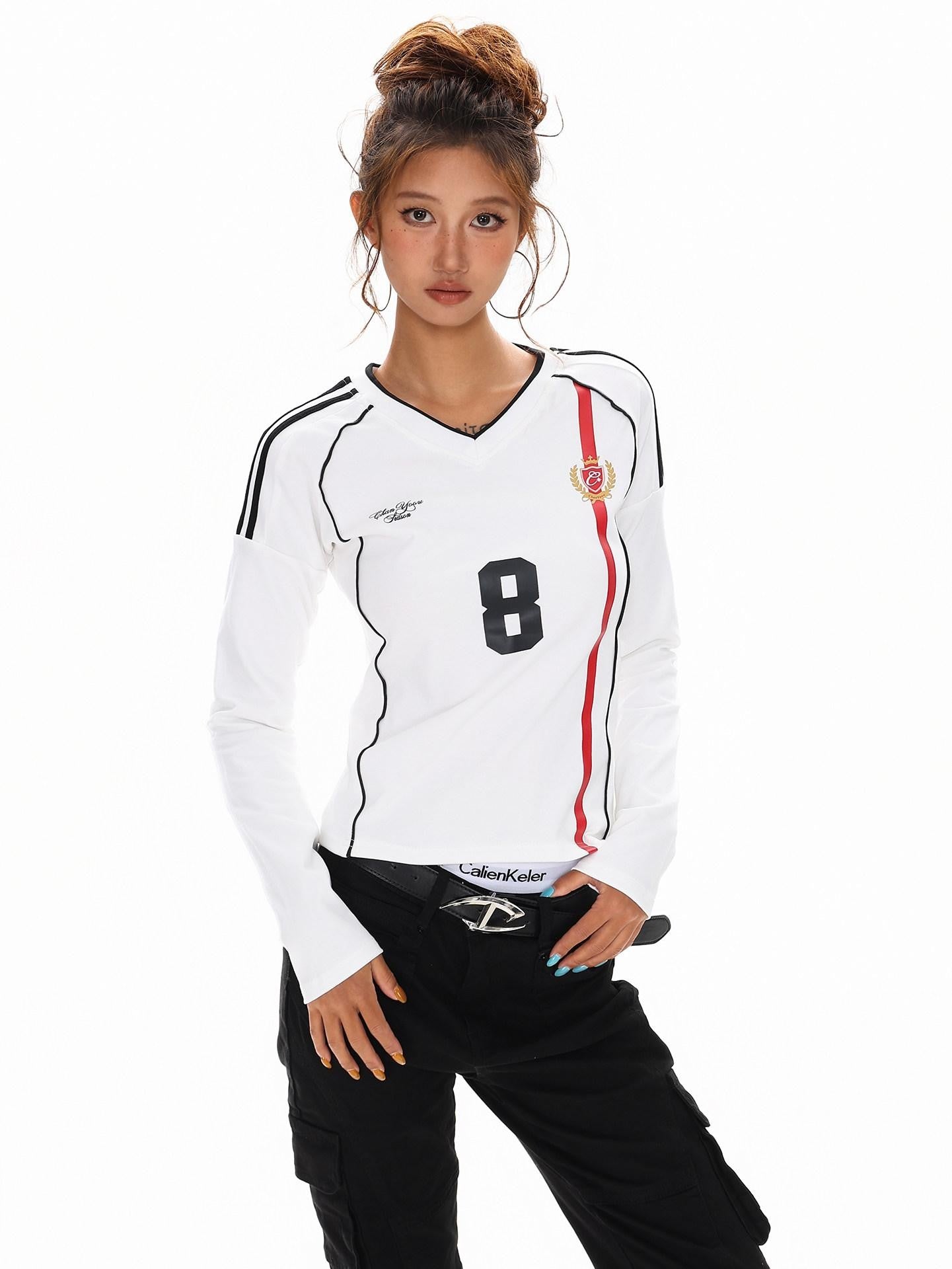 XPKAEAX American Vintage Printed V-neck Slim Fit Women's Jersey Long Sleeve T-shirts