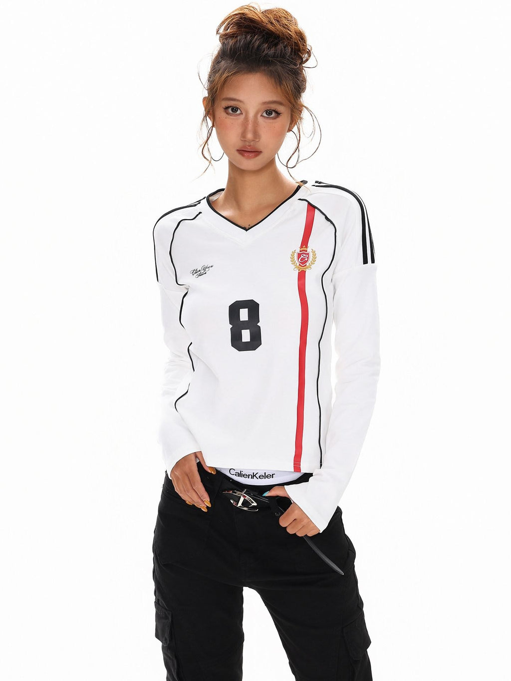 XPKAEAX American Vintage Printed V-neck Slim Fit Women's Jersey Long Sleeve T-shirts