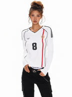 XPKAEAX American Vintage Printed V-neck Slim Fit Women's Jersey Long Sleeve T-shirts