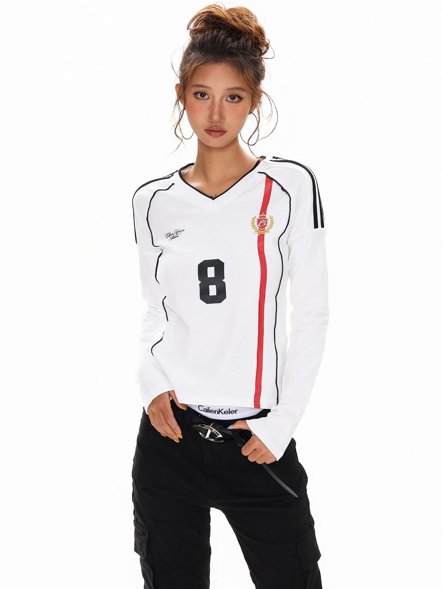 XPKAEAX American Vintage Printed V-neck Slim Fit Women's Jersey Long Sleeve T-shirts