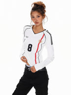 XPKAEAX American Vintage Printed V-neck Slim Fit Women's Jersey Long Sleeve T-shirts