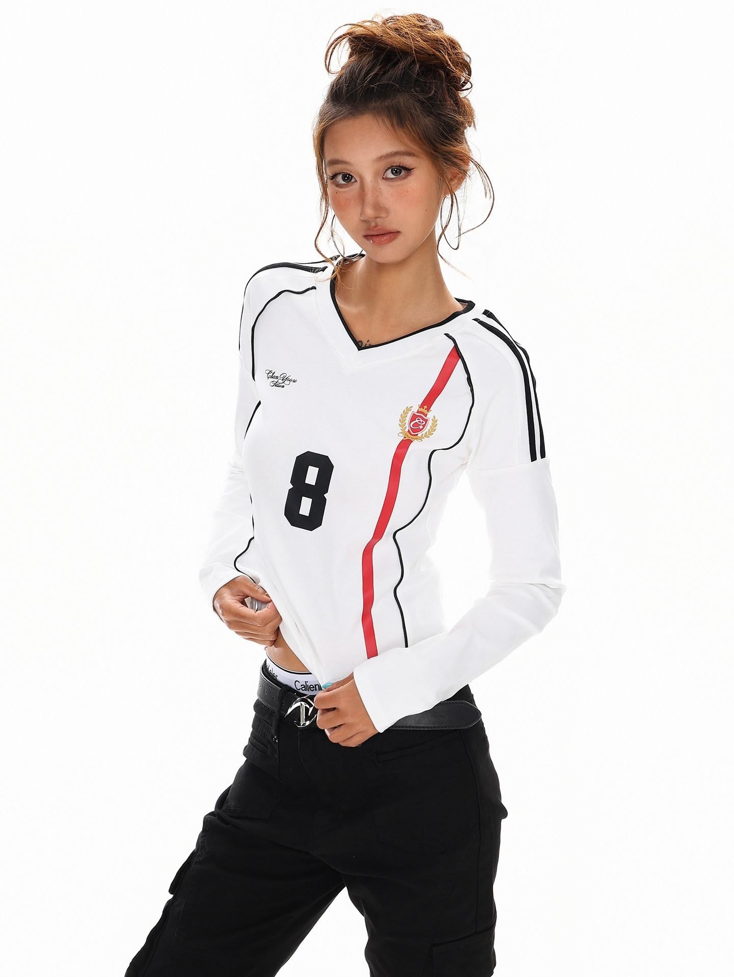 XPKAEAX American Vintage Printed V-neck Slim Fit Women's Jersey Long Sleeve T-shirts