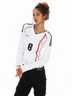 XPKAEAX American Vintage Printed V-neck Slim Fit Women's Jersey Long Sleeve T-shirts