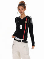 XPKAEAX American Vintage Printed V-neck Slim Fit Women's Jersey Long Sleeve T-shirts