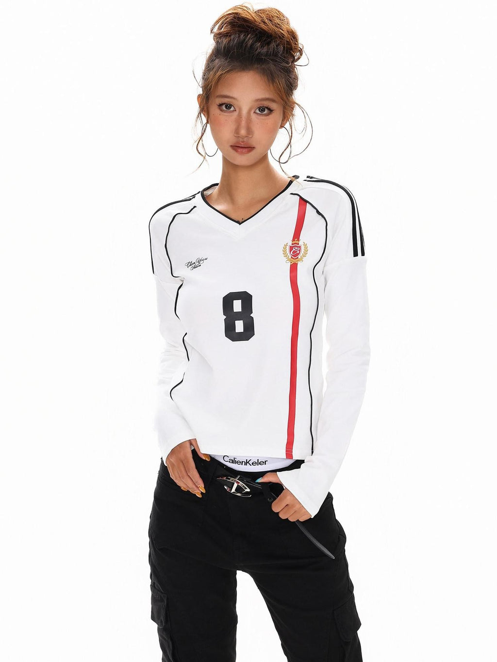 XPKAEAX American Vintage Printed V-neck Slim Fit Women's Jersey Long Sleeve T-shirts