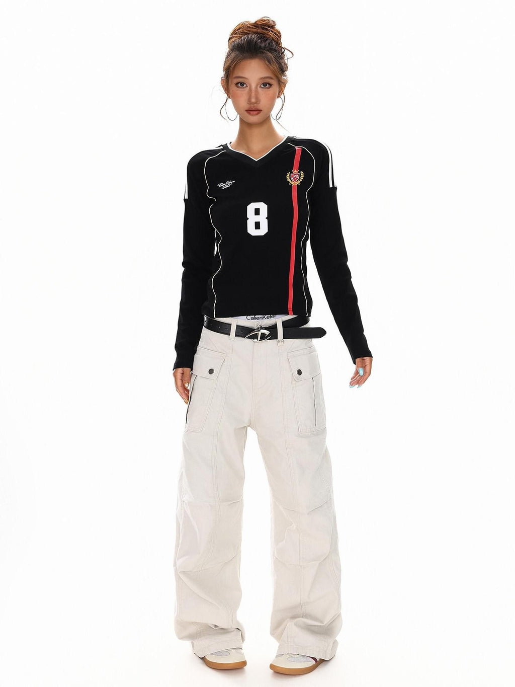 XPKAEAX American Vintage Printed V-neck Slim Fit Women's Jersey Long Sleeve T-shirts