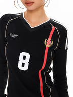 XPKAEAX American Vintage Printed V-neck Slim Fit Women's Jersey Long Sleeve T-shirts