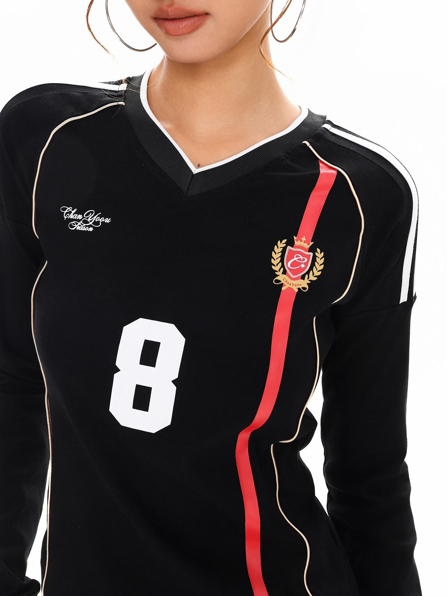 XPKAEAX American Vintage Printed V-neck Slim Fit Women's Jersey Long Sleeve T-shirts