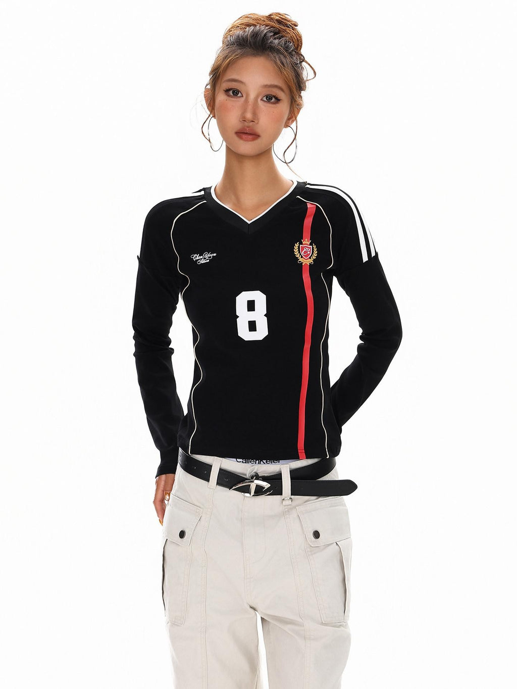 XPKAEAX American Vintage Printed V-neck Slim Fit Women's Jersey Long Sleeve T-shirts