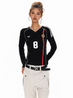XPKAEAX American Vintage Printed V-neck Slim Fit Women's Jersey Long Sleeve T-shirts