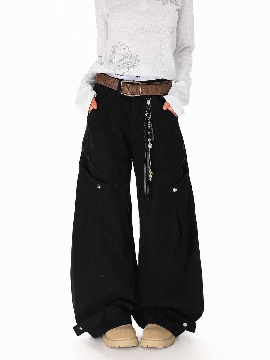 XPKAEAX American Vintage Studded Curved Cut High Waist Women's Other Wide-leg Pants 958859098214