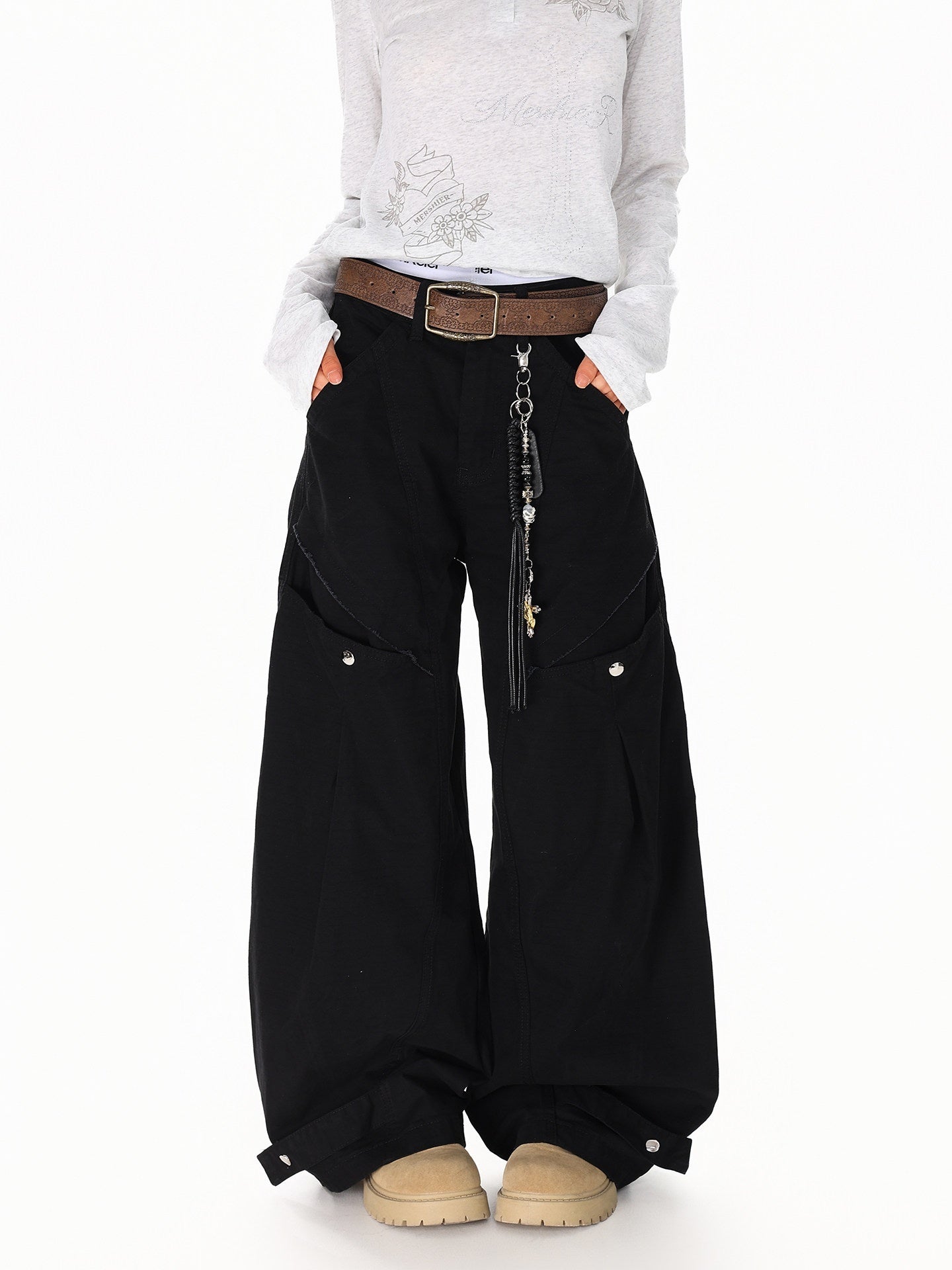XPKAEAX American Vintage Studded Curved Cut High Waist Women's Other Wide-leg Pants 958859098214