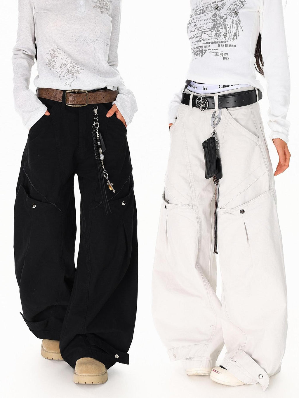 XPKAEAX American Vintage Studded Curved Cut High Waist Women's Other Wide-leg Pants