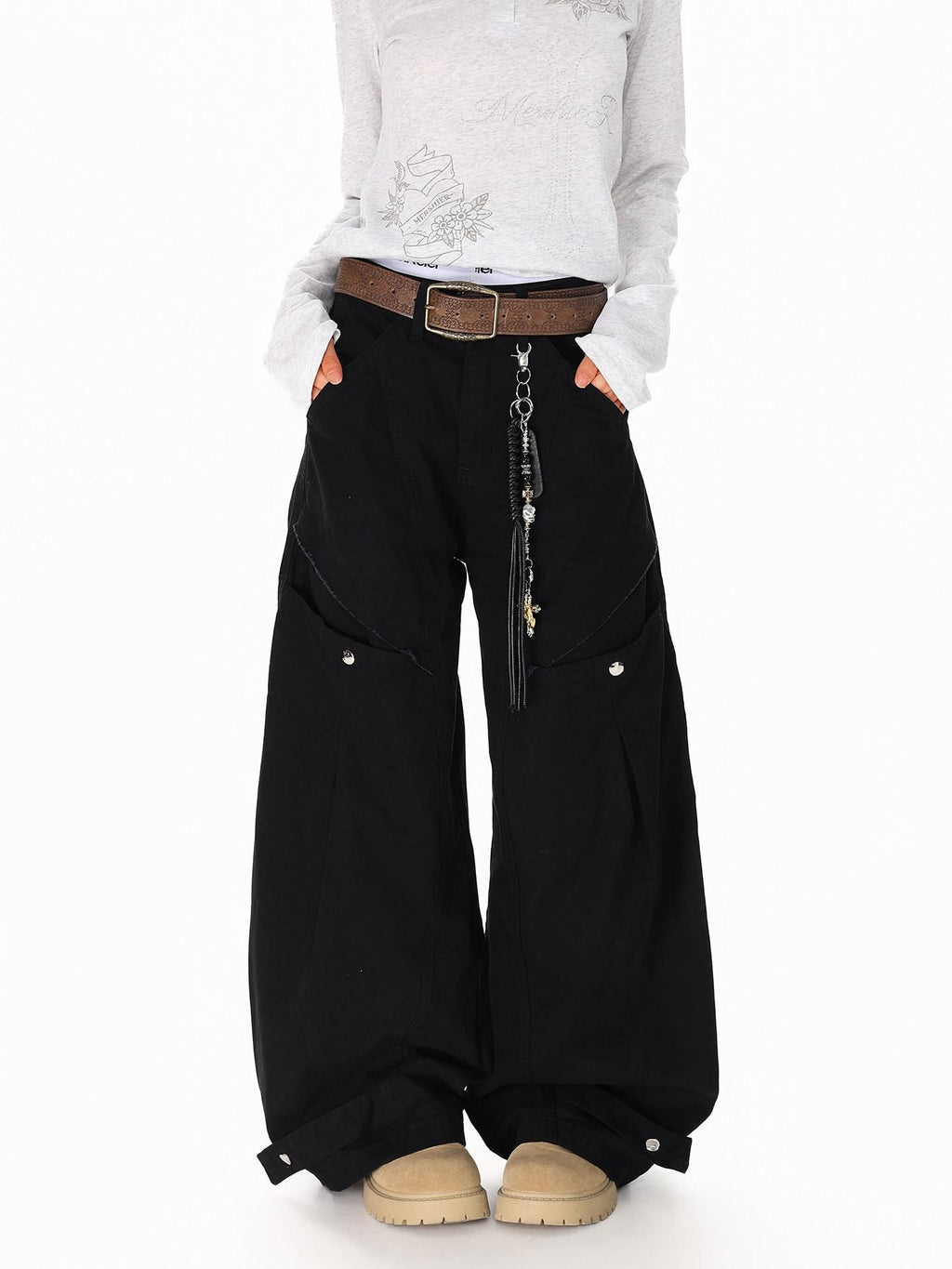 XPKAEAX American Vintage Studded Curved Cut High Waist Women's Other Wide-leg Pants