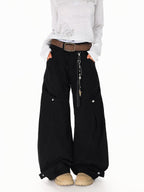 XPKAEAX American Vintage Studded Curved Cut High Waist Women's Other Wide-leg Pants