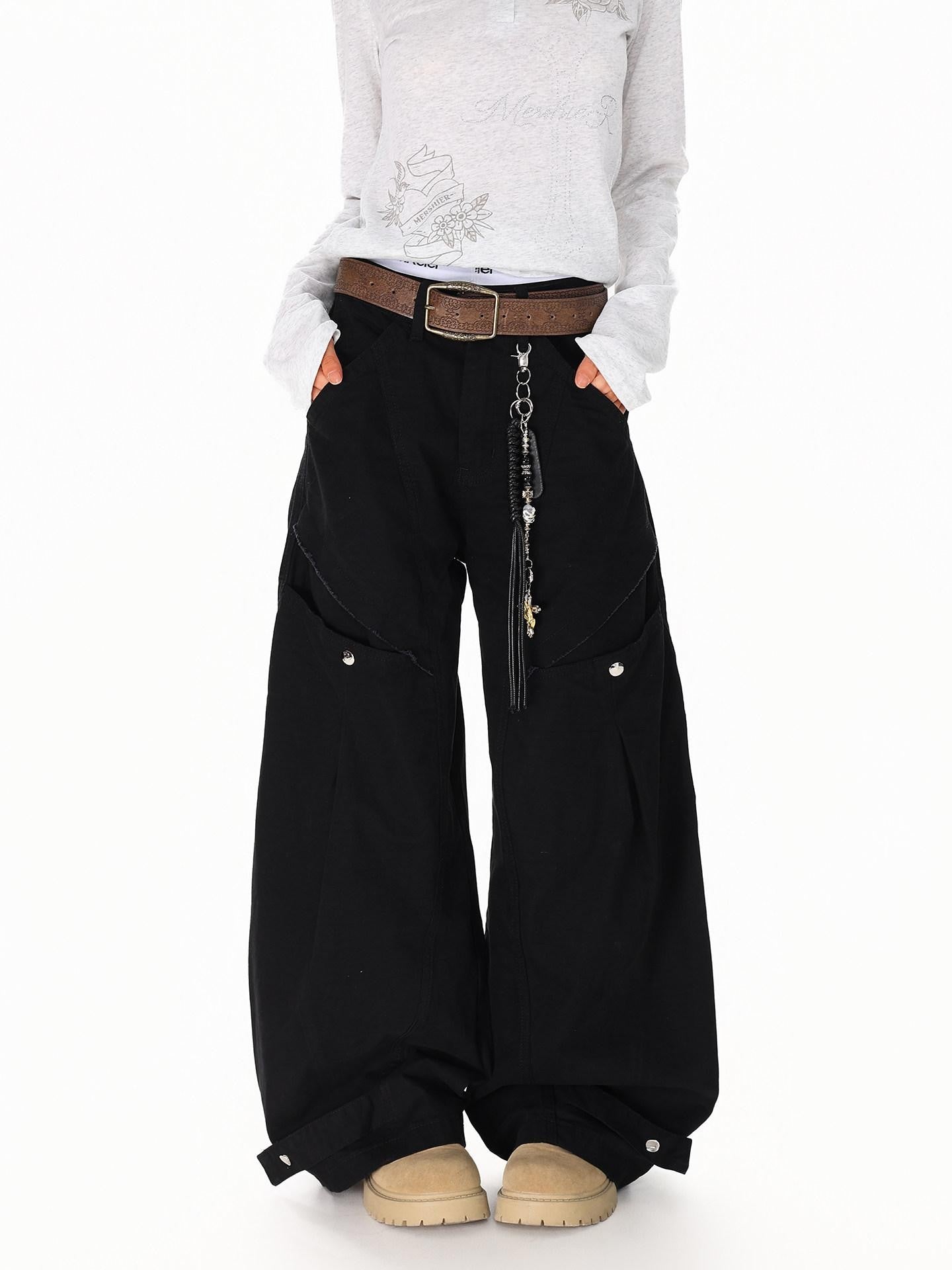 XPKAEAX American Vintage Studded Curved Cut High Waist Women's Other Wide-leg Pants