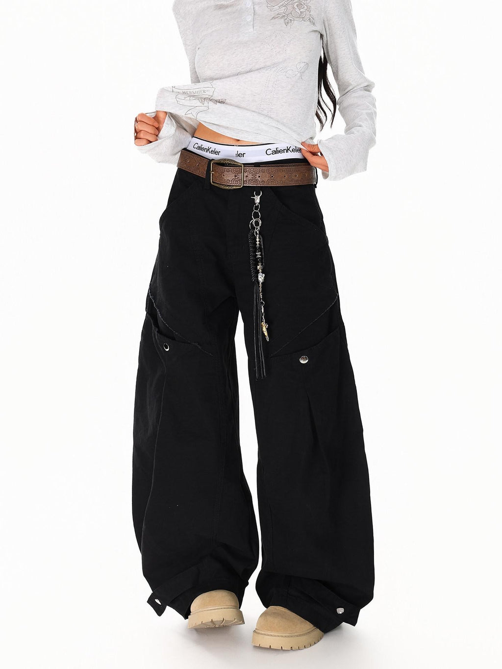 XPKAEAX American Vintage Studded Curved Cut High Waist Women's Other Wide-leg Pants