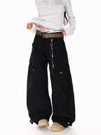 XPKAEAX American Vintage Studded Curved Cut High Waist Women's Other Wide-leg Pants