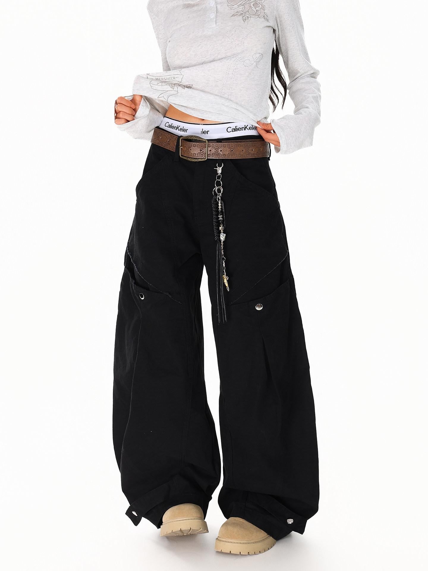 XPKAEAX American Vintage Studded Curved Cut High Waist Women's Other Wide-leg Pants
