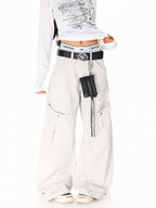 XPKAEAX American Vintage Studded Curved Cut High Waist Women's Other Wide-leg Pants