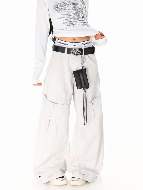 XPKAEAX American Vintage Studded Curved Cut High Waist Women's Other Wide-leg Pants
