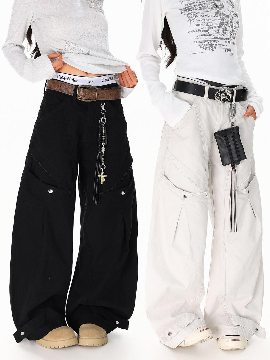 XPKAEAX American Vintage Studded Curved Cut High Waist Women's Other Wide-leg Pants