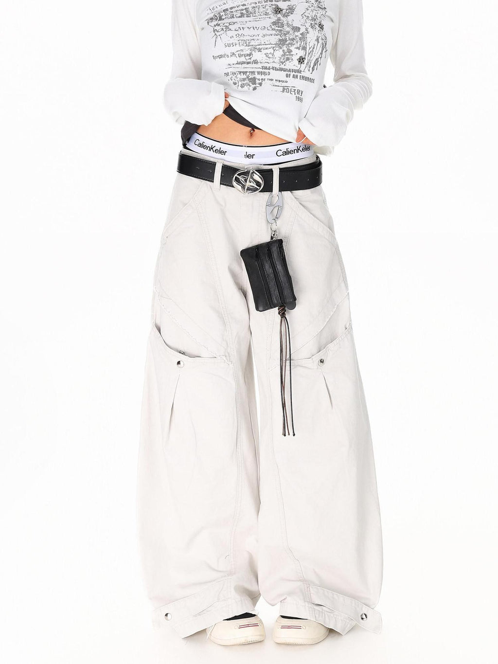 XPKAEAX American Vintage Studded Curved Cut High Waist Women's Other Wide-leg Pants