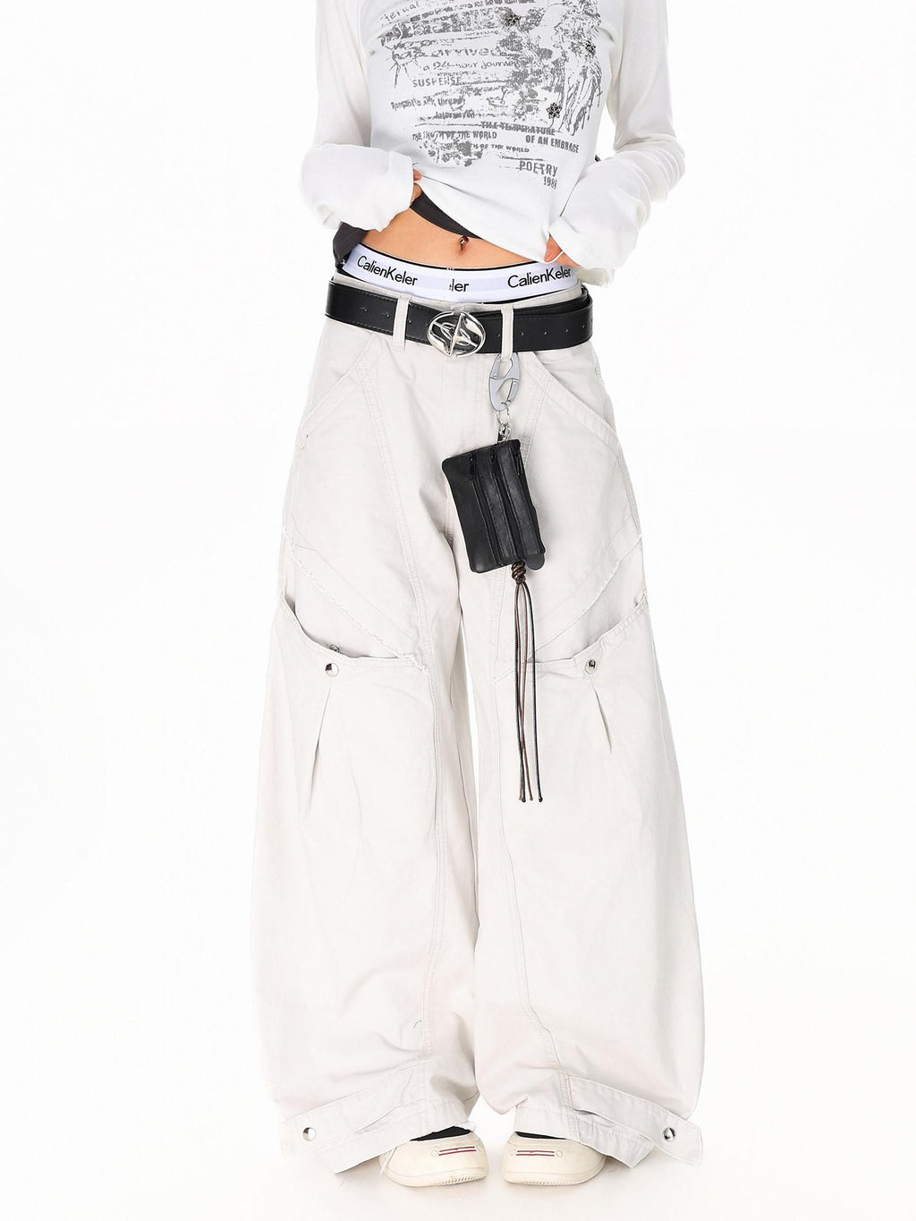 XPKAEAX American Vintage Studded Curved Cut High Waist Women's Other Wide-leg Pants