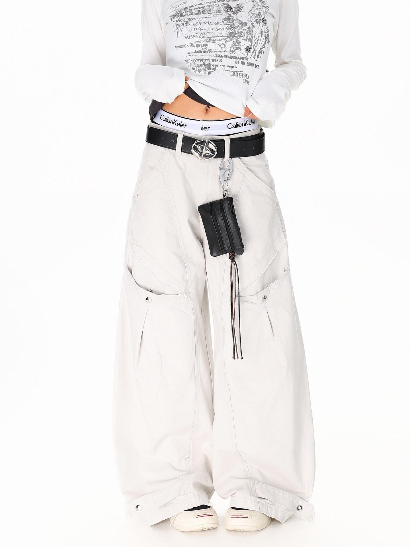 XPKAEAX American Vintage Studded Curved Cut High Waist Women's Other Wide-leg Pants
