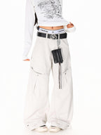 XPKAEAX American Vintage Studded Curved Cut High Waist Women's Other Wide-leg Pants