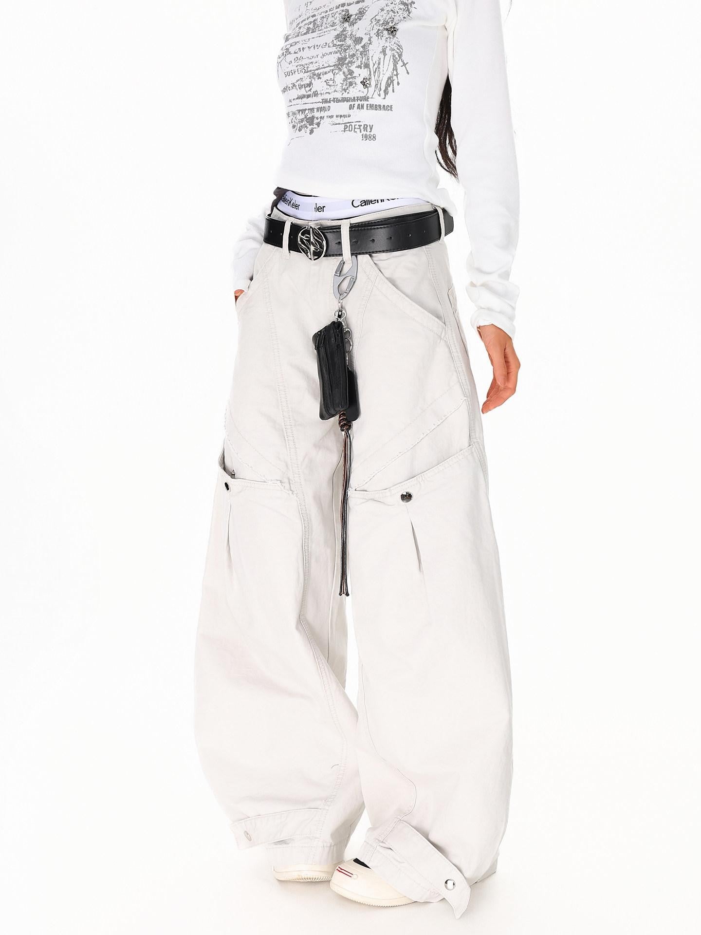 XPKAEAX American Vintage Studded Curved Cut High Waist Women's Other Wide-leg Pants