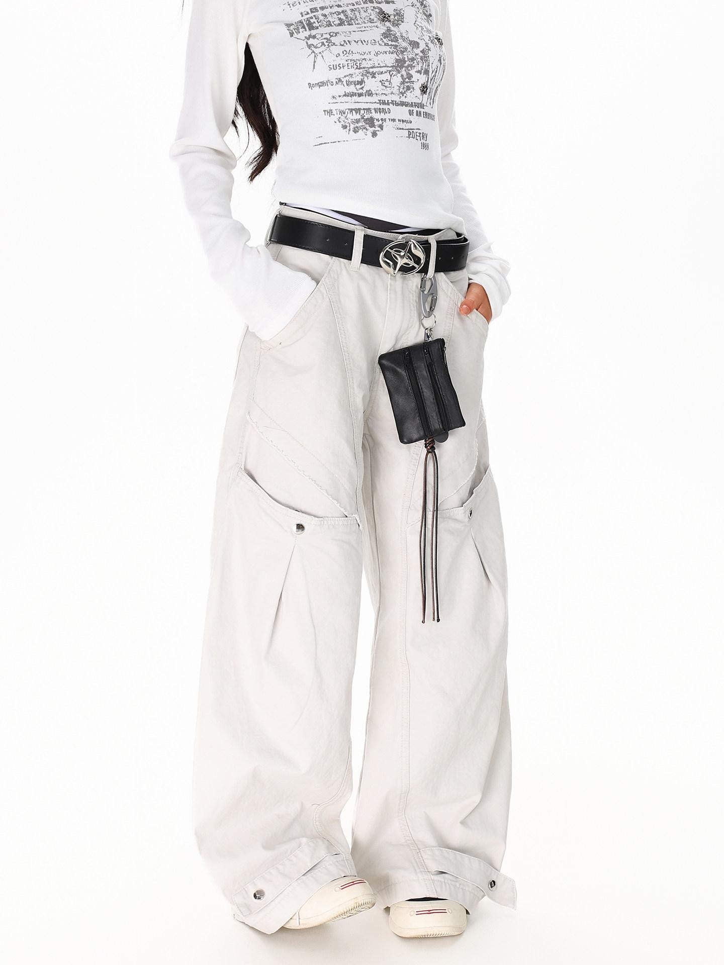 XPKAEAX American Vintage Studded Curved Cut High Waist Women's Other Wide-leg Pants