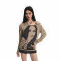 XPKAEAX American Vintage Studded Portrait One Shoulder Women's Long Sleeve T-shirts 1021773581851