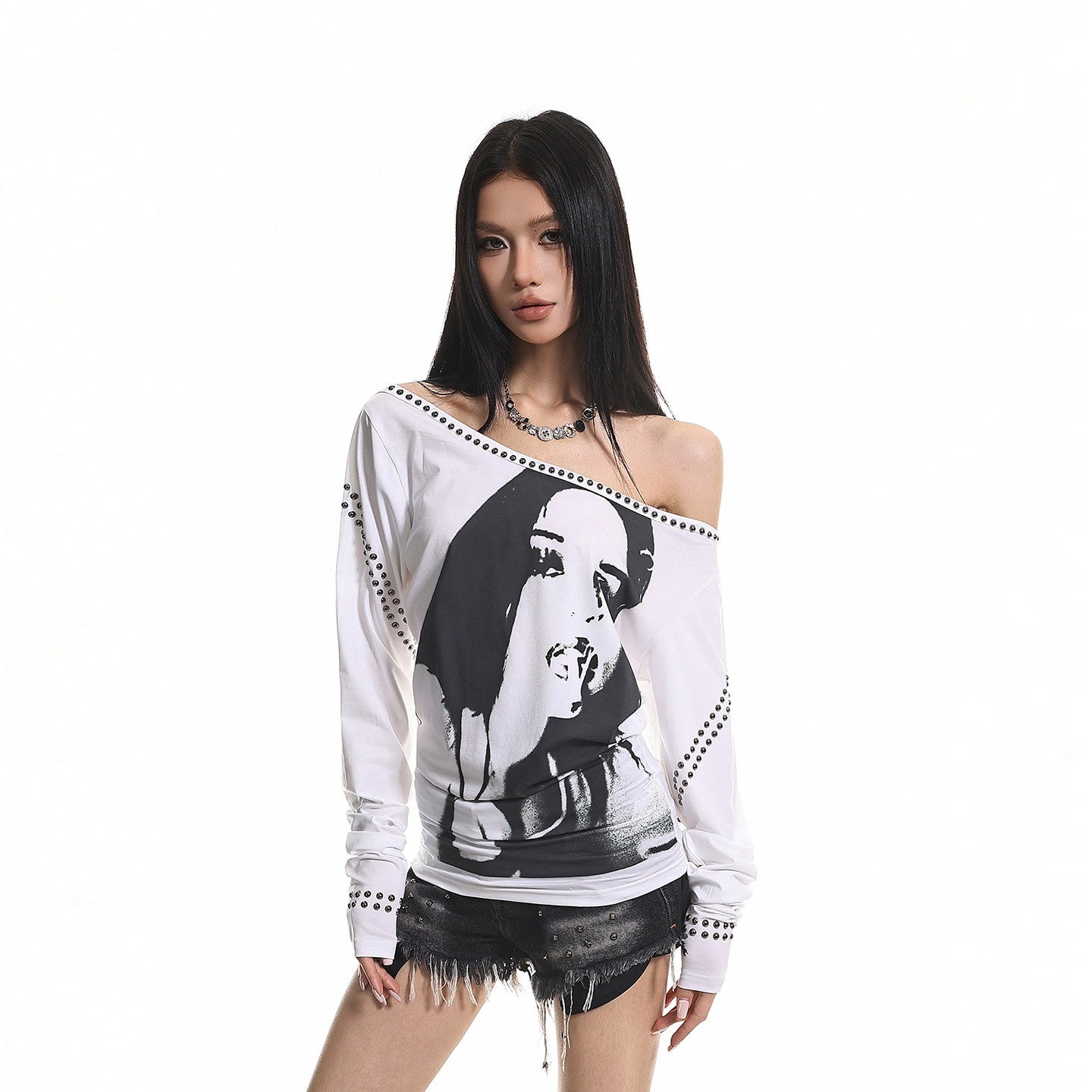 XPKAEAX American Vintage Studded Portrait One Shoulder Women's Long Sleeve T-shirts 1021773581851