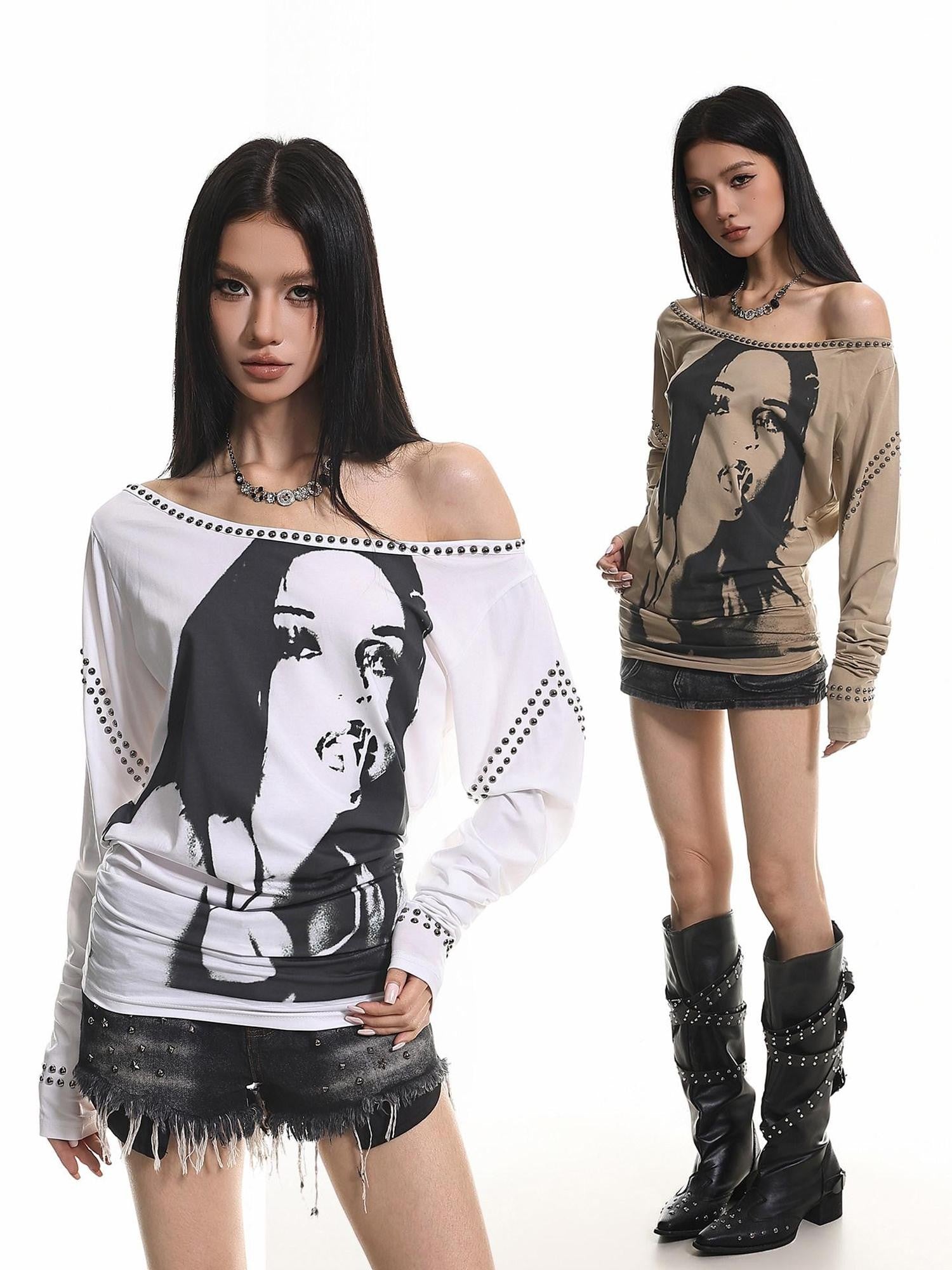 XPKAEAX American Vintage Studded Portrait One Shoulder Women's Long Sleeve T-shirts