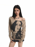 XPKAEAX American Vintage Studded Portrait One Shoulder Women's Long Sleeve T-shirts