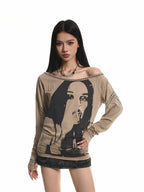 XPKAEAX American Vintage Studded Portrait One Shoulder Women's Long Sleeve T-shirts