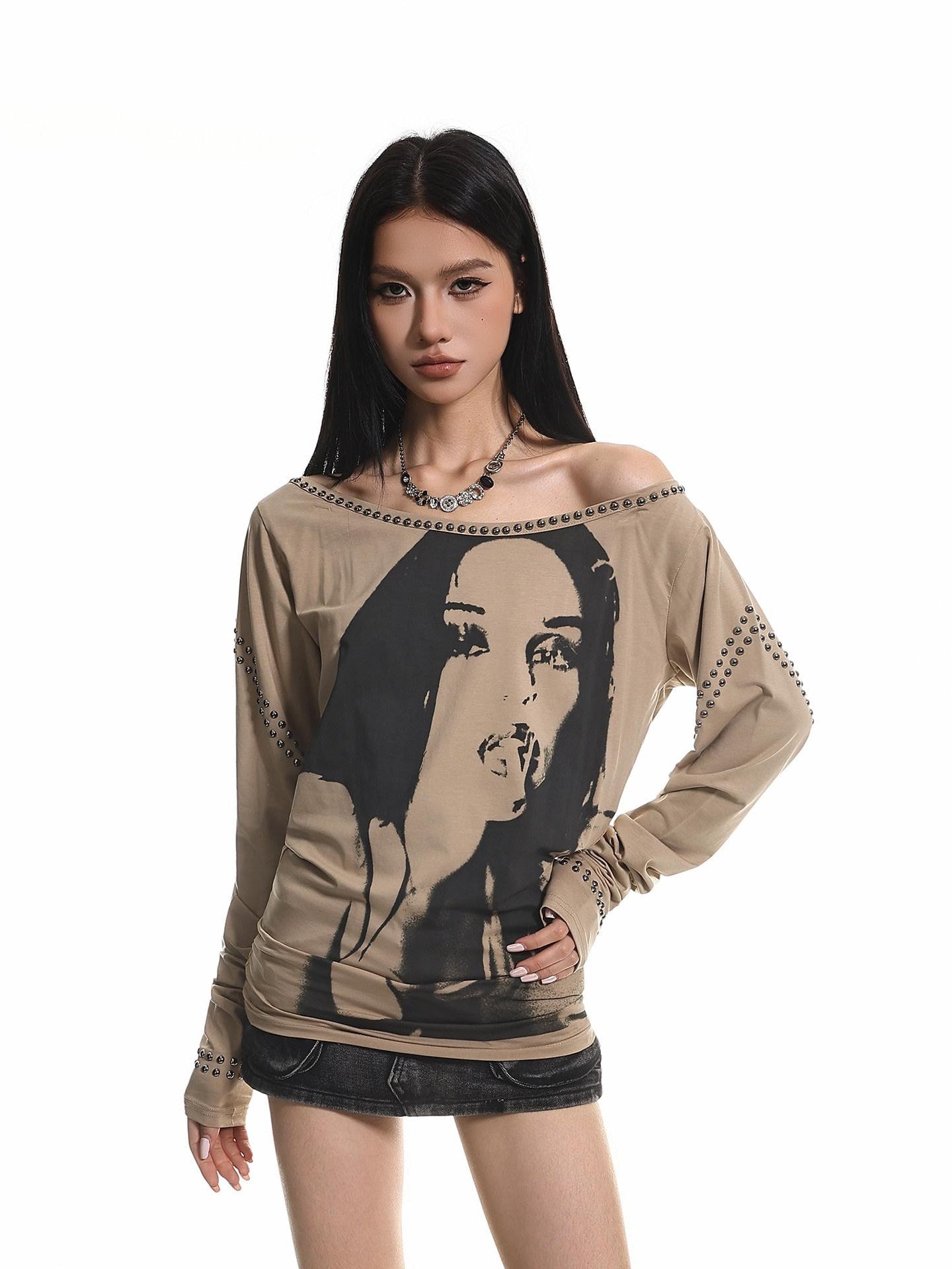 XPKAEAX American Vintage Studded Portrait One Shoulder Women's Long Sleeve T-shirts