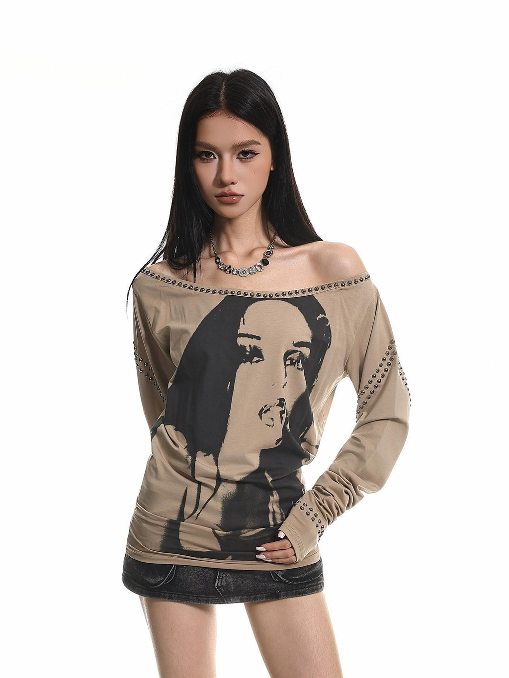 XPKAEAX American Vintage Studded Portrait One Shoulder Women's Long Sleeve T-shirts
