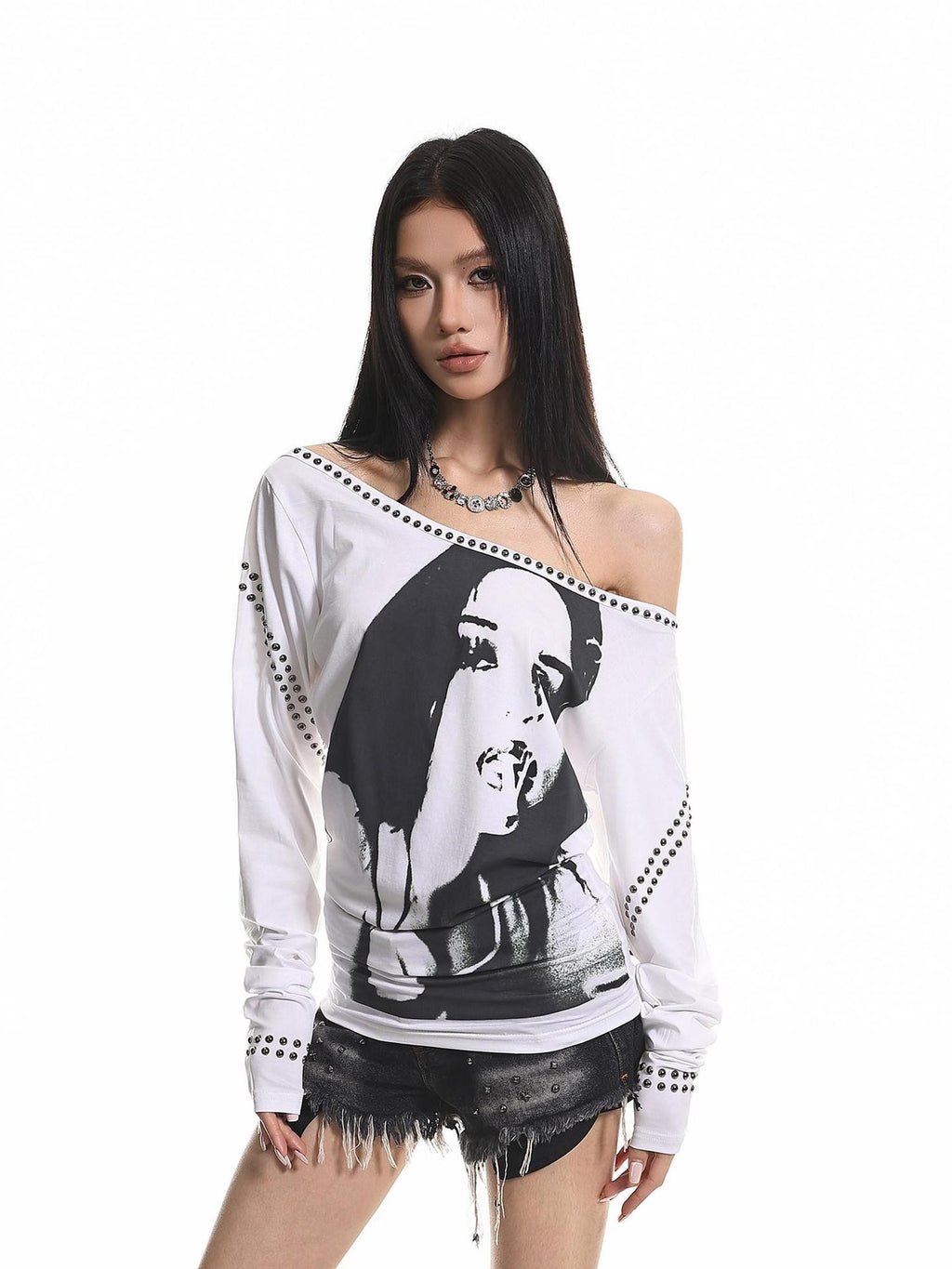 XPKAEAX American Vintage Studded Portrait One Shoulder Women's Long Sleeve T-shirts